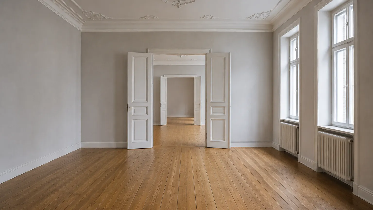 Altbau-Zimmerflucht mit zwei offenen Flügeltüren und durchgehendem Dielenboden.