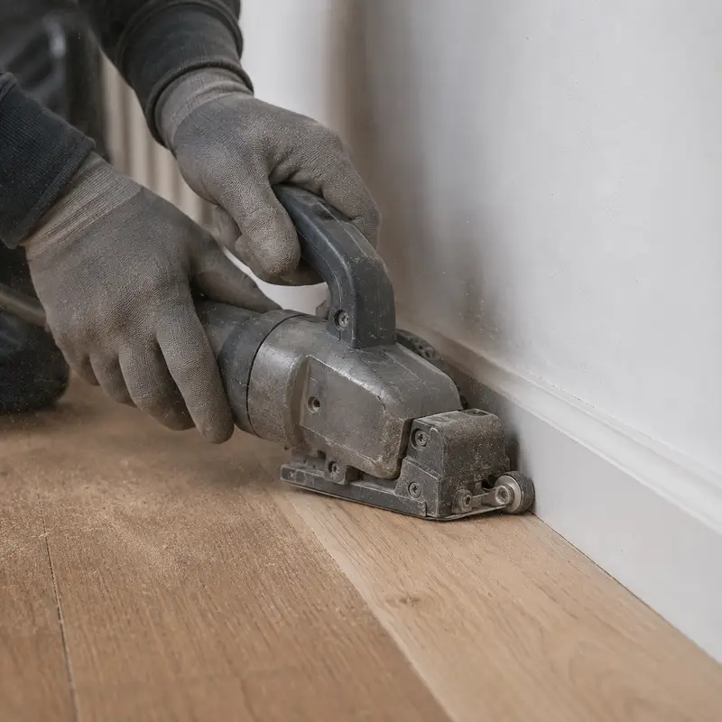 Nahaufnahme: ein Randschleifer wird dicht an der Fußleiste entlanggeführt, das Holz dahinter ist deutlich heller.